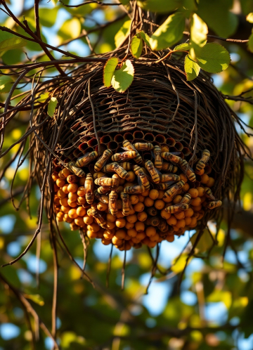 AI generated image of A beehive, with twigs and leaves