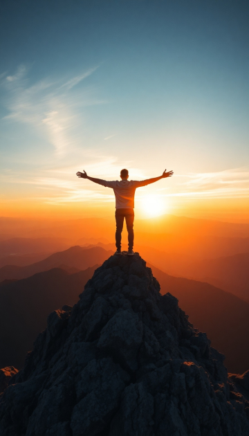 AI generated image of A confident person standing on a mountain peak at sunrise