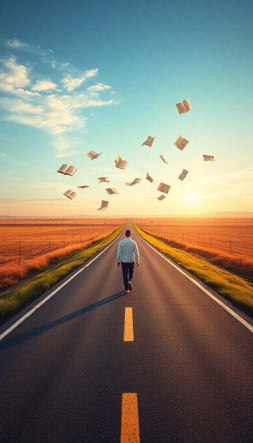 AI generated image of A long road stretching into the horizon with pages flying in the wind behind a
