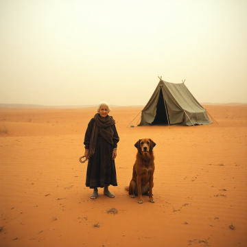 AI generated image of A poor old grandmother and her loyal dog standing alone in a vast desert