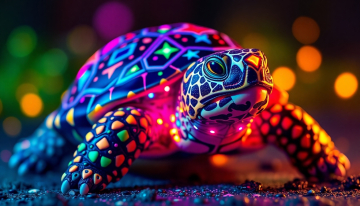 AI generated image of A psychedelic-style real turtle covered with colorful geometric patterns and