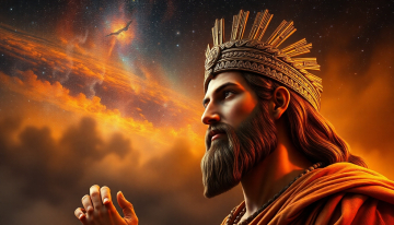 AI generated image of ancient roman portrait beneath a starry cosmic sky