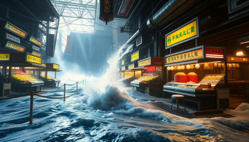 AI generated image of cyberpunk marketplace flooded after a massive dam collapse