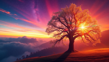 AI generated image of Enchanted dreamy sunset and a beautiful luminous rainbow tree