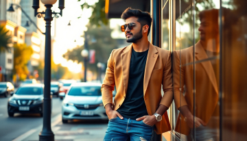 AI generated image of “Generate a stylish Indian young man standing on a city street wearing a