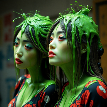 AI generated image of japanese women made out of green slime and mutated