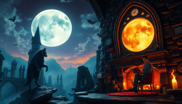 AI generated image of man reading beside a fireplace inside a gothic wizard tower while a werewolf