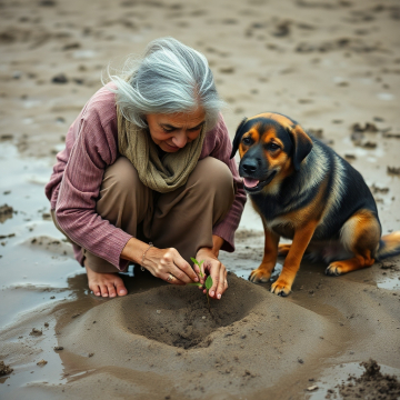 AI generated image of Old grandmother planting a small seed in wet sand