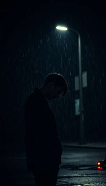 AI generated image of person standing in rain alone under a dim streetlight
