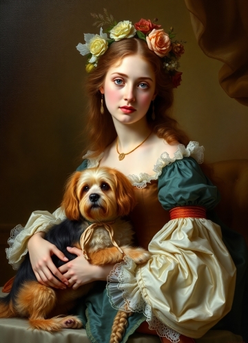 AI generated image of rococo style image woman dog image