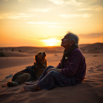 AI generated image of Sad old grandmother sitting on sand in desert